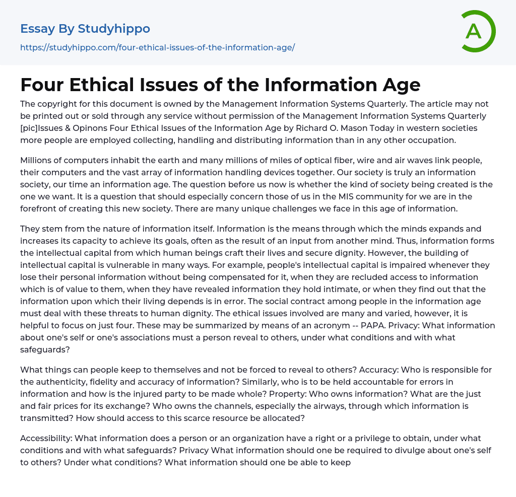 Four Ethical Issues of the Information Age Essay Example