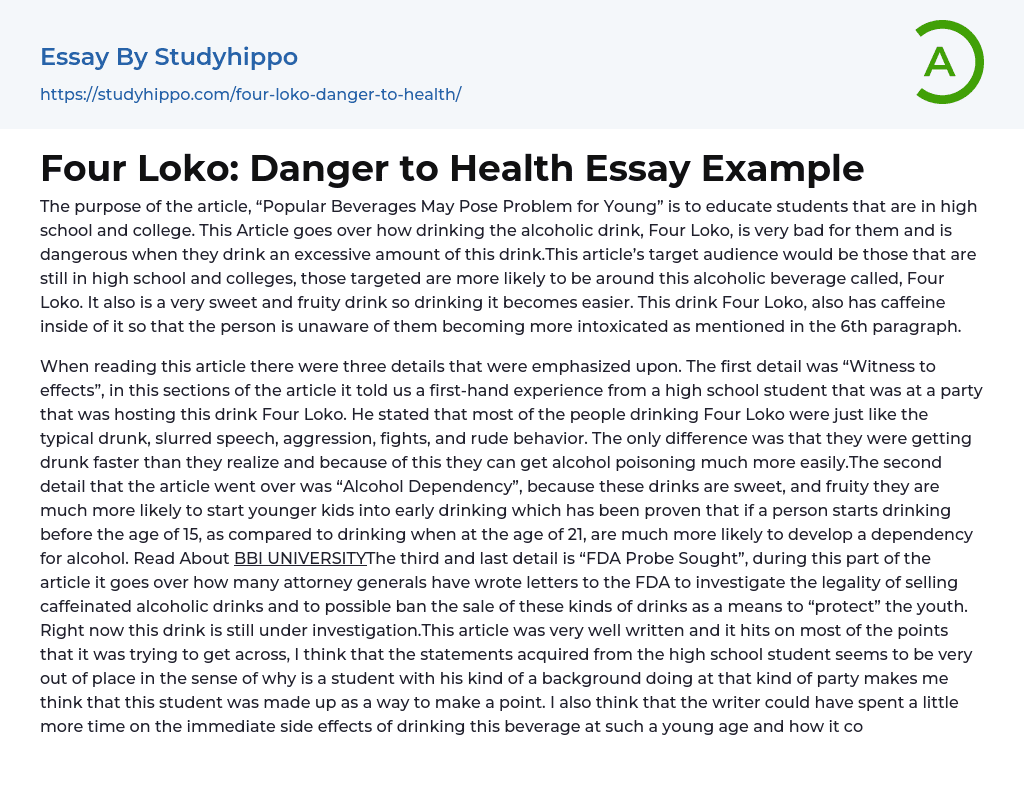 Four Loko: Danger to Health Essay Example