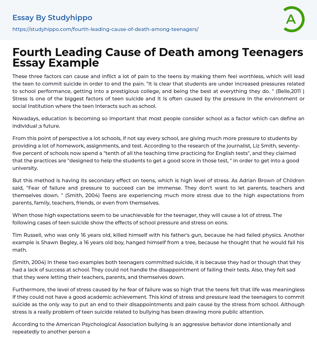 Fourth Leading Cause of Death among Teenagers Essay Example