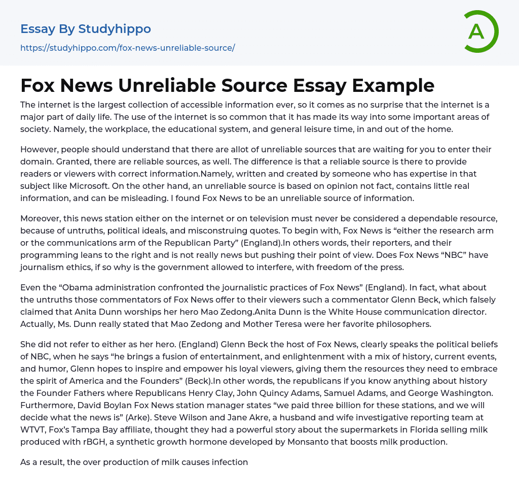 Fox News Unreliable Source Essay Example