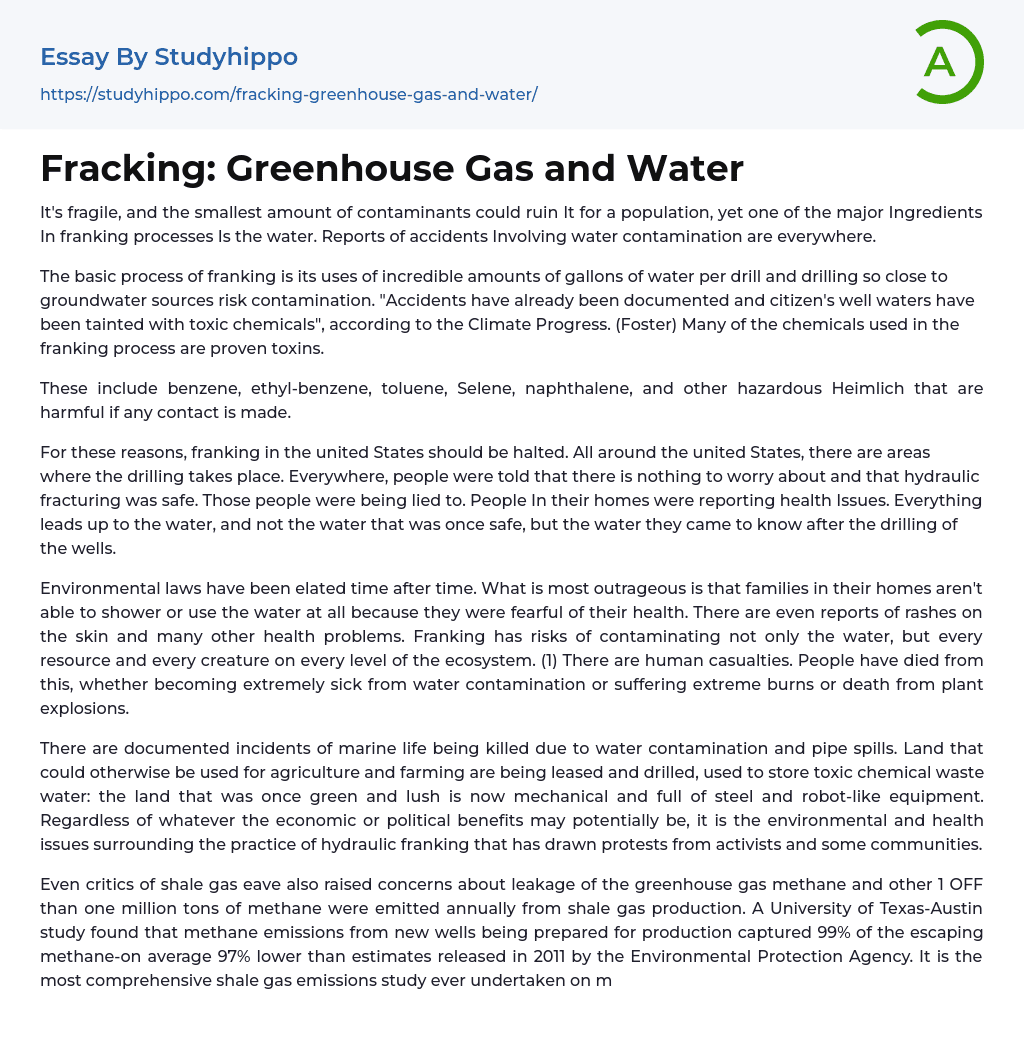 Fracking: Greenhouse Gas and Water Essay Example