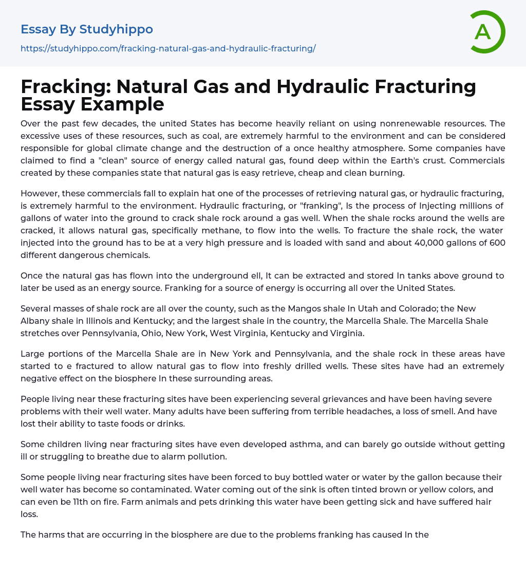 Fracking: Natural Gas and Hydraulic Fracturing Essay Example