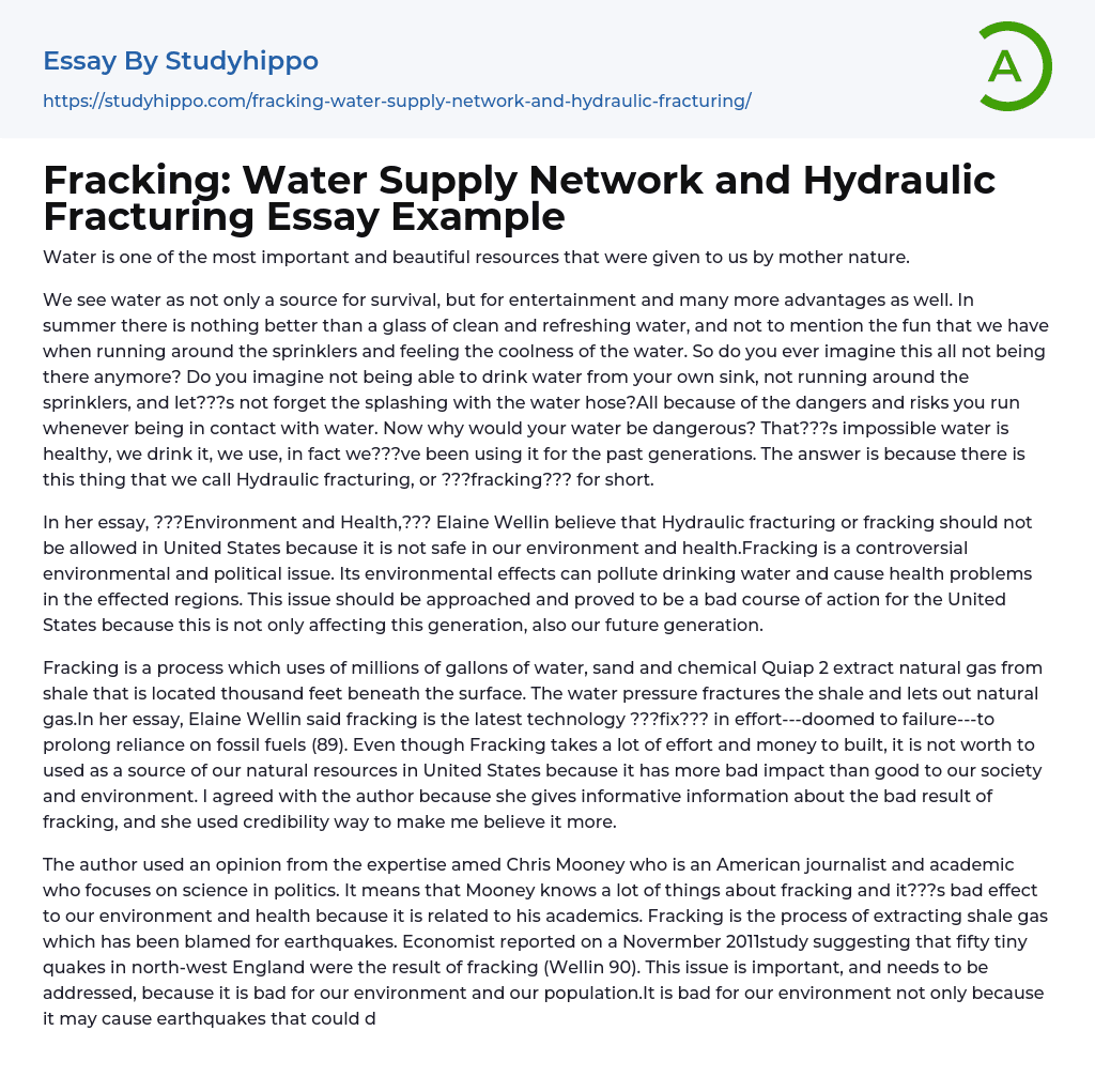 Fracking: Water Supply Network and Hydraulic Fracturing Essay Example