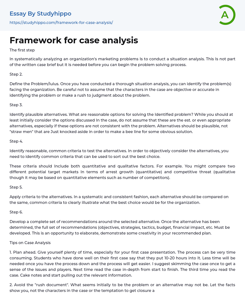Framework for case analysis Essay Example