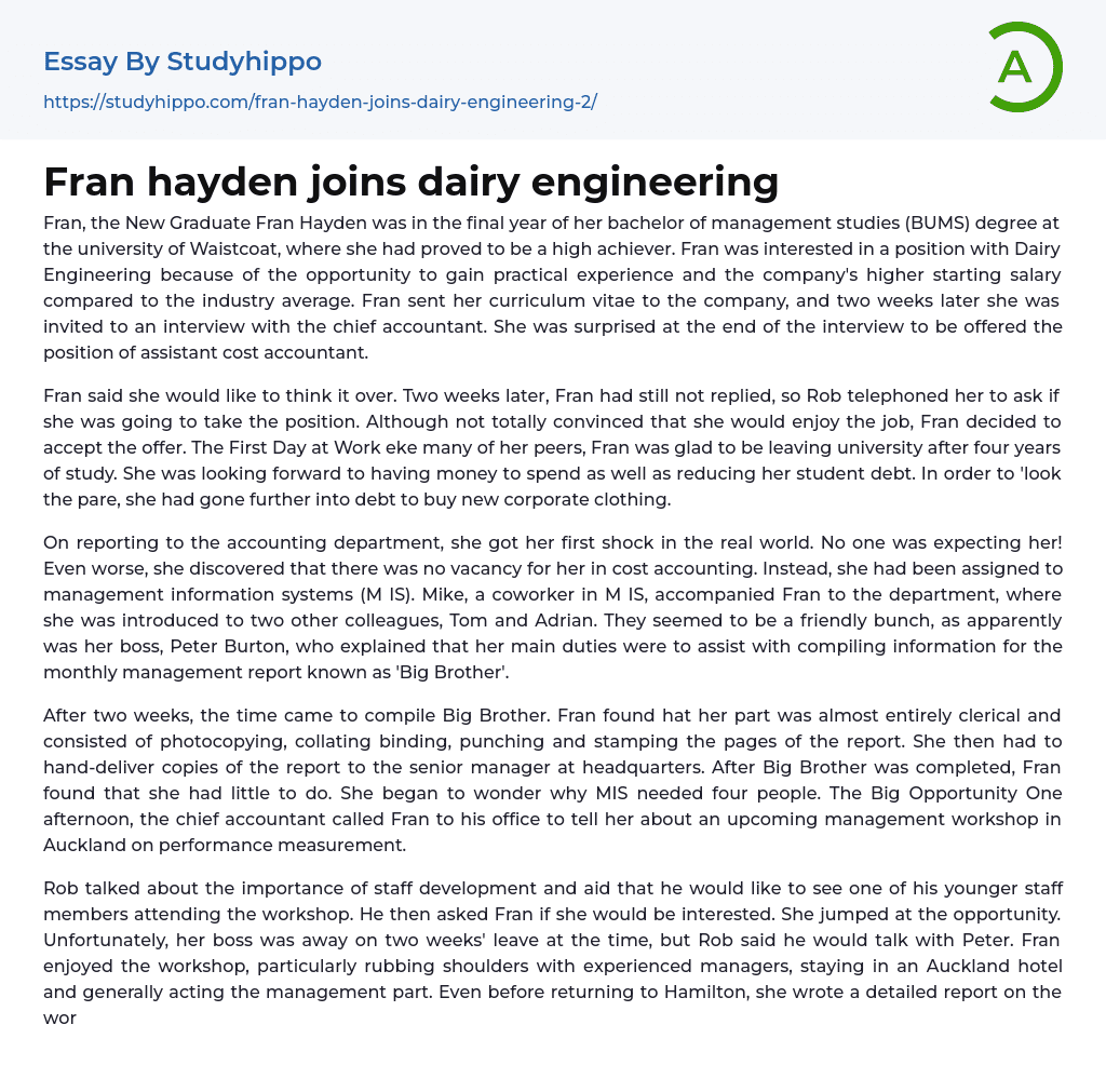 Fran hayden joins dairy engineering Essay Example