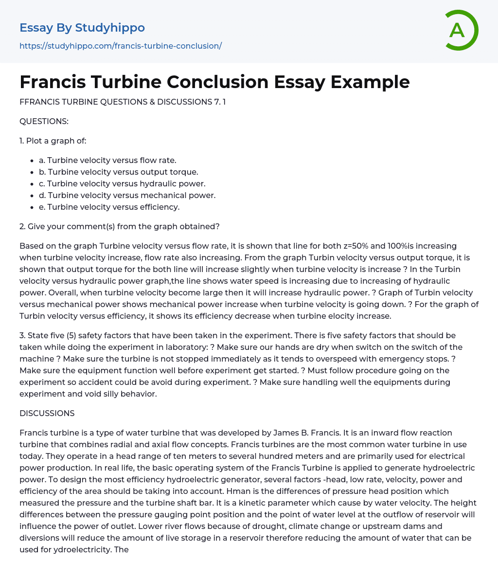 Francis Turbine Conclusion Essay Example