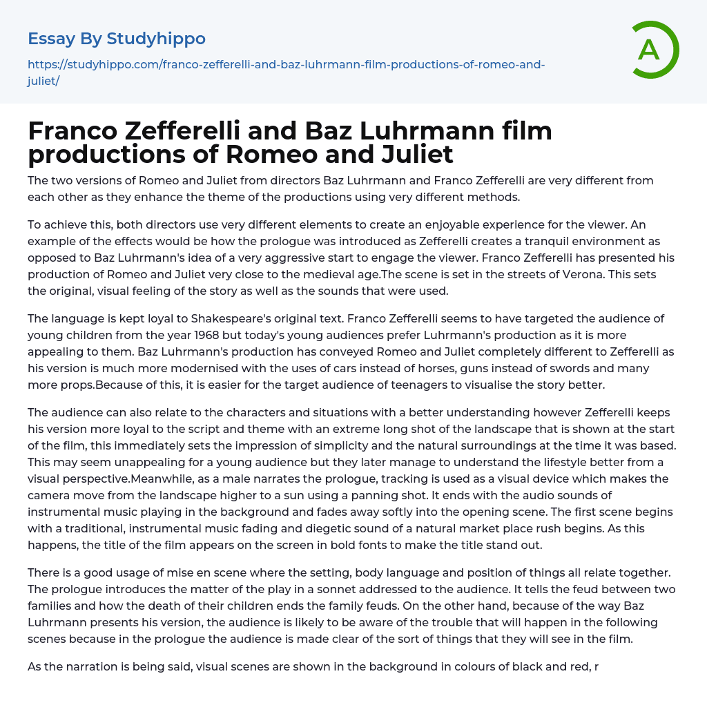 Franco Zefferelli and Baz Luhrmann film productions of Romeo and Juliet Essay Example