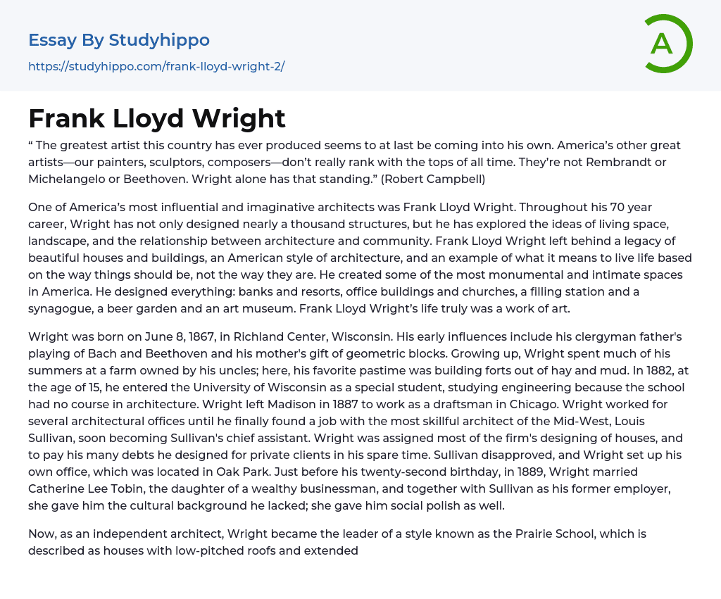Frank Lloyd Wright Essay Example