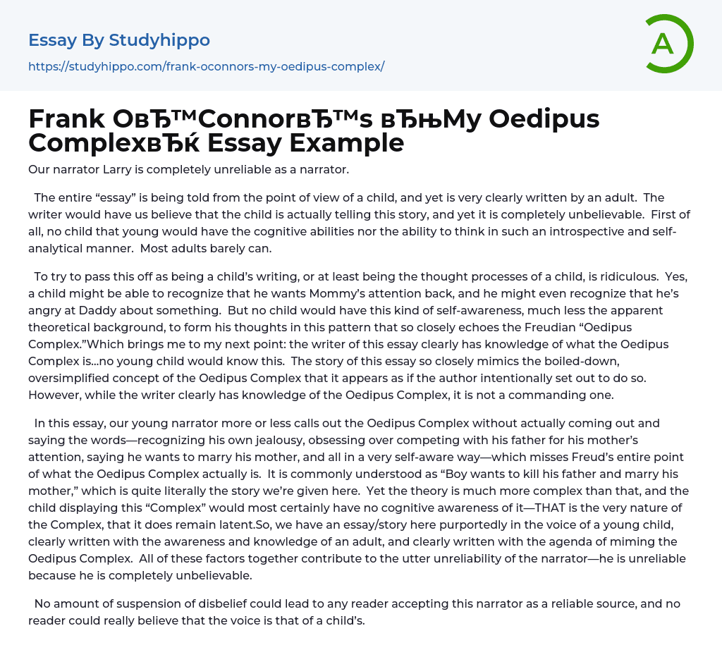 Frank OConnor’s “My Oedipus Complex” Essay Example