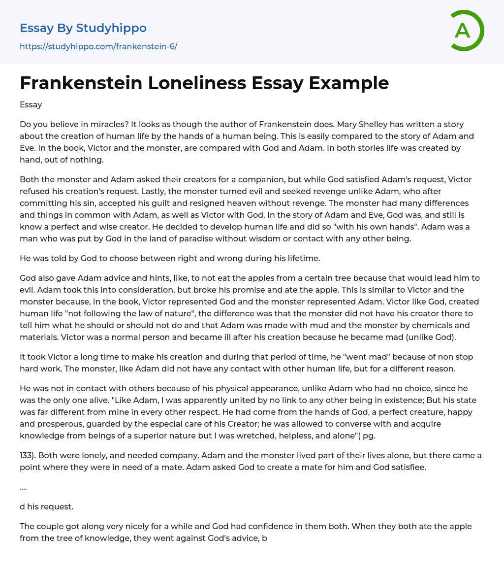 Frankenstein Loneliness Essay Example