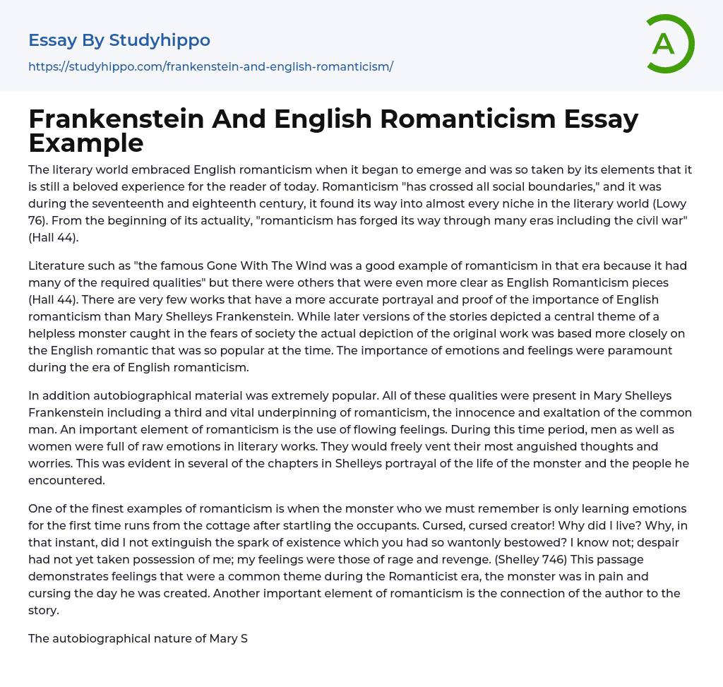Frankenstein And English Romanticism Essay Example