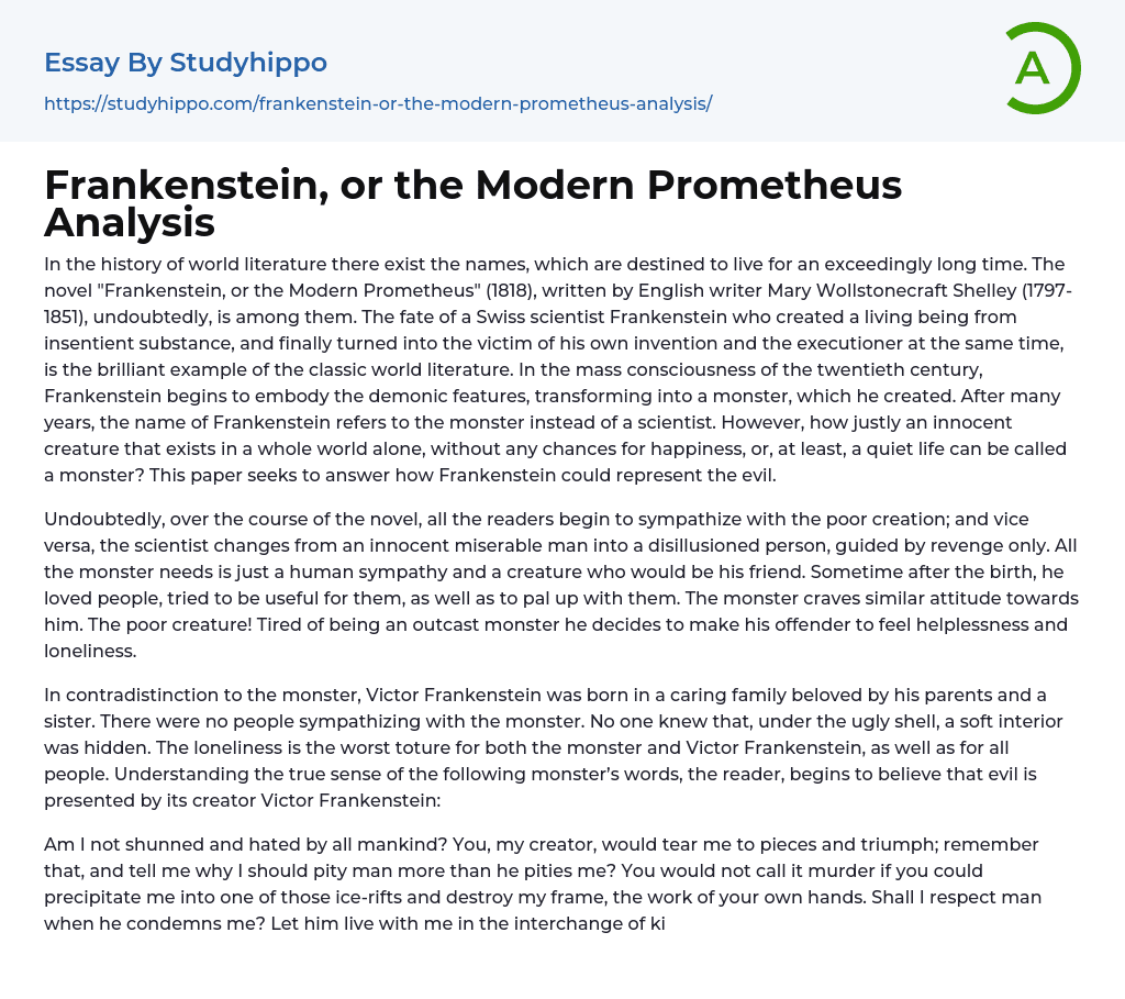 Frankenstein, or the Modern Prometheus Analysis Essay Example