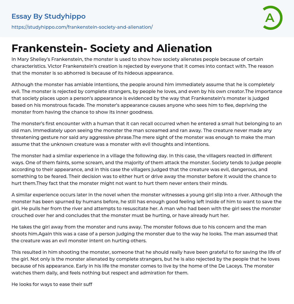 Frankenstein- Society and Alienation Essay Example
