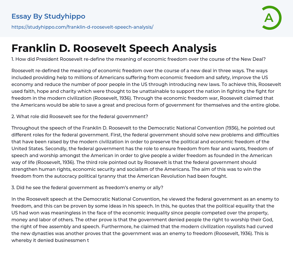 Franklin D. Roosevelt Speech Analysis Essay Example