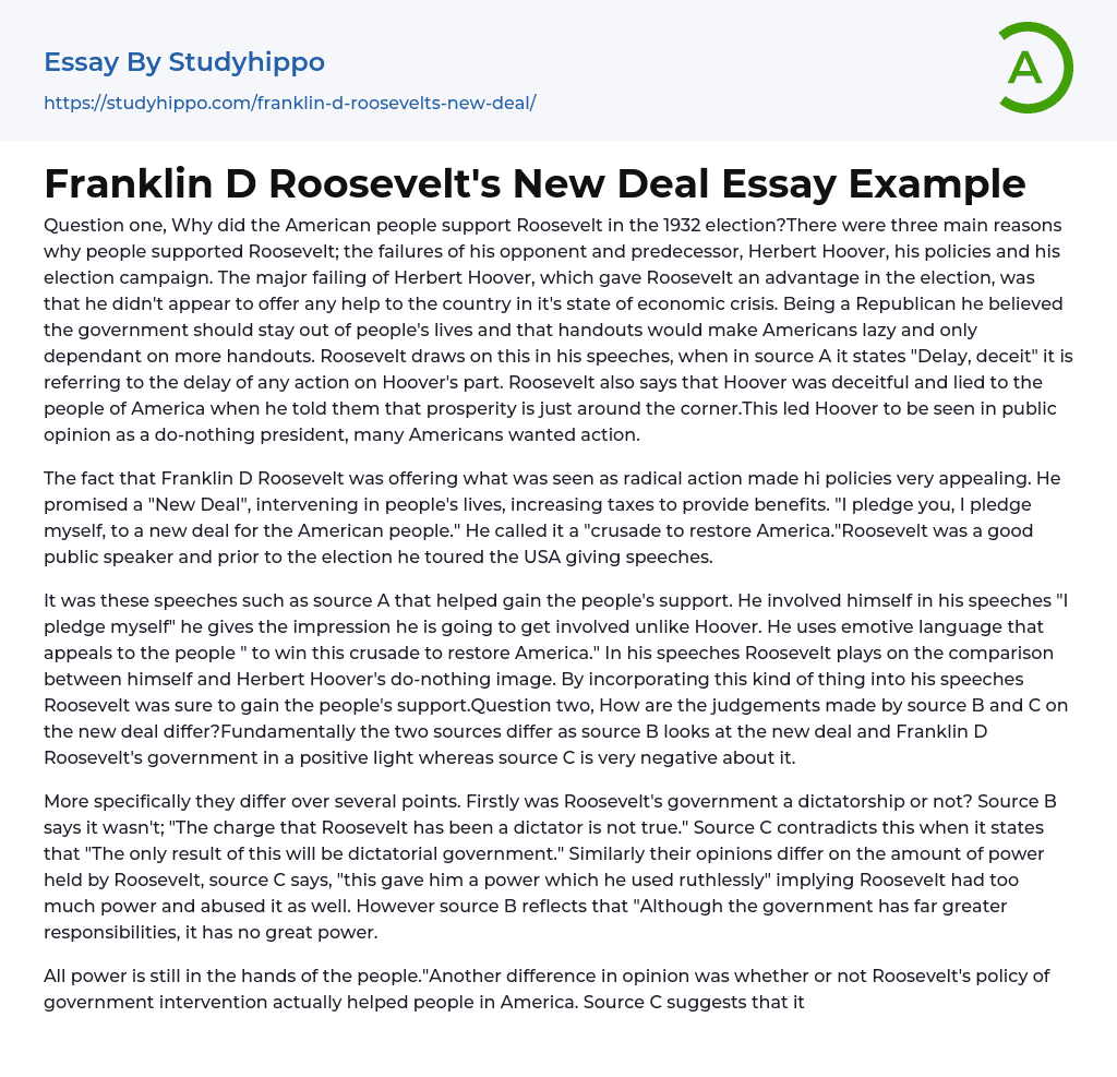 Franklin D Roosevelt’s New Deal Essay Example