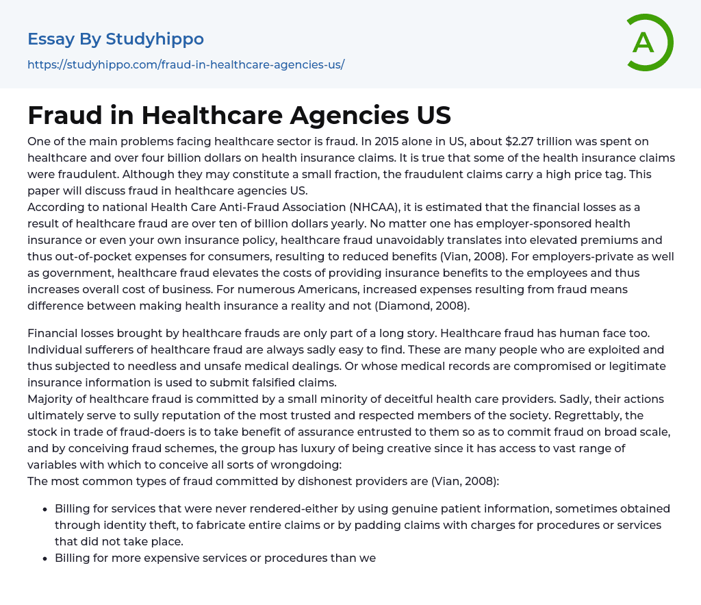 Fraud in Healthcare Agencies US Essay Example