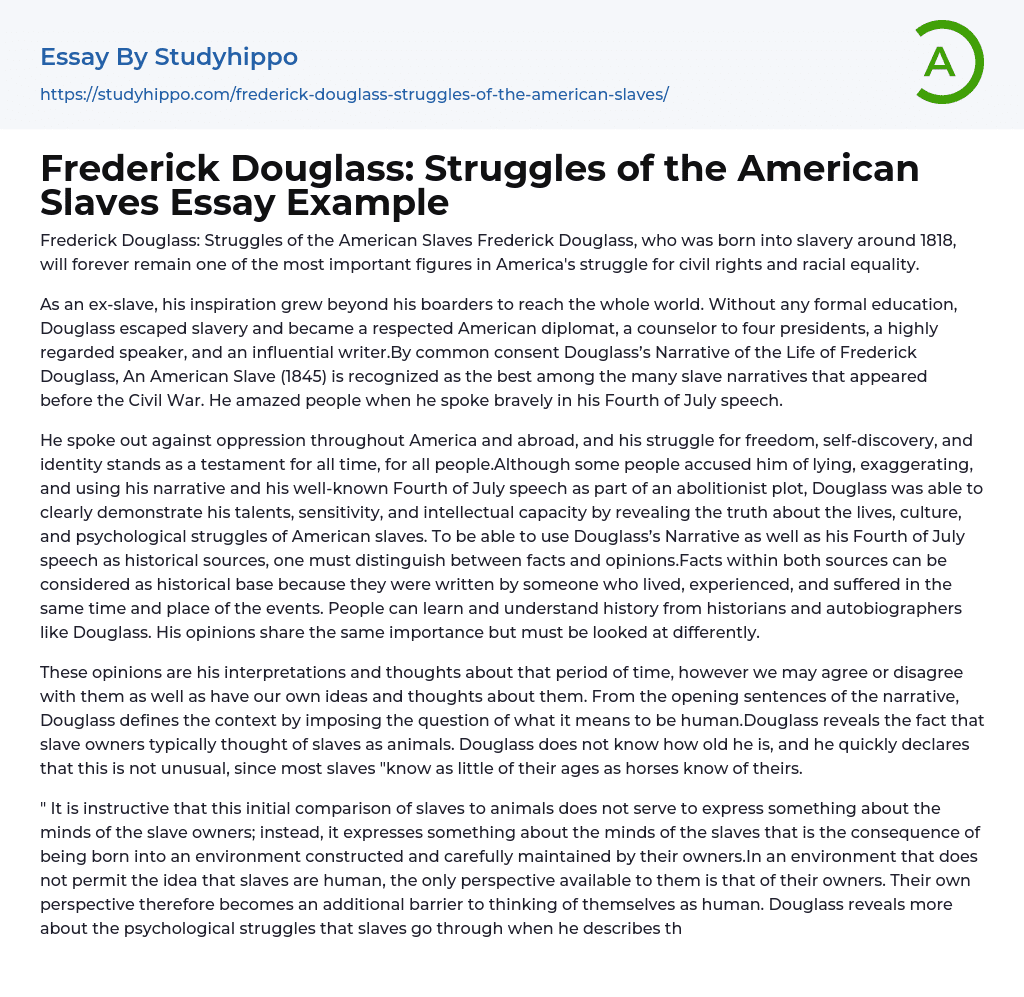 Frederick Douglass: Struggles of the American Slaves Essay Example