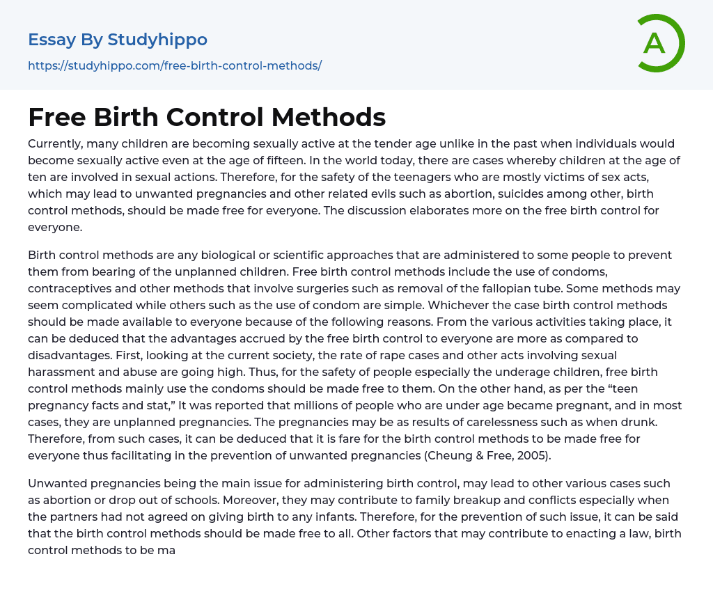 Free Birth Control Methods Essay Example