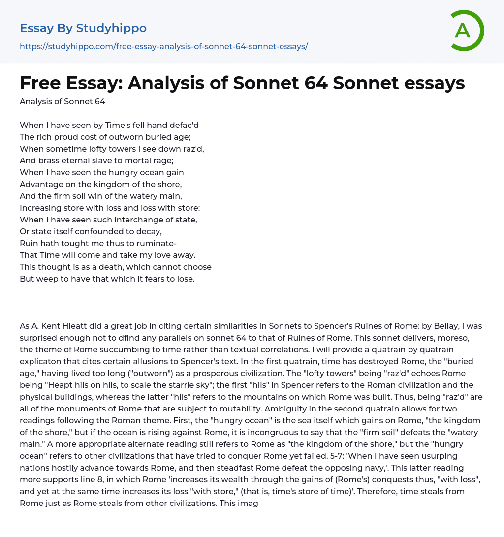 Free Essay: Analysis of Sonnet 64 Sonnet essays