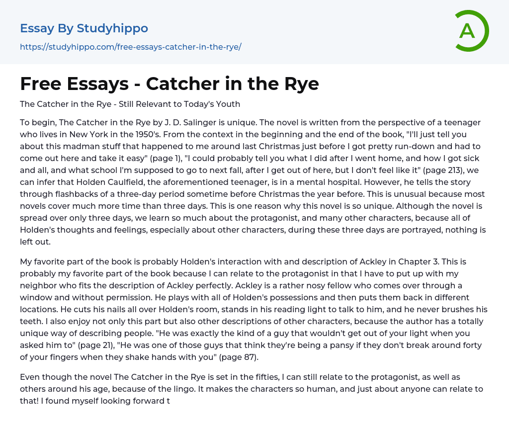 Free Essays – Catcher in the Rye