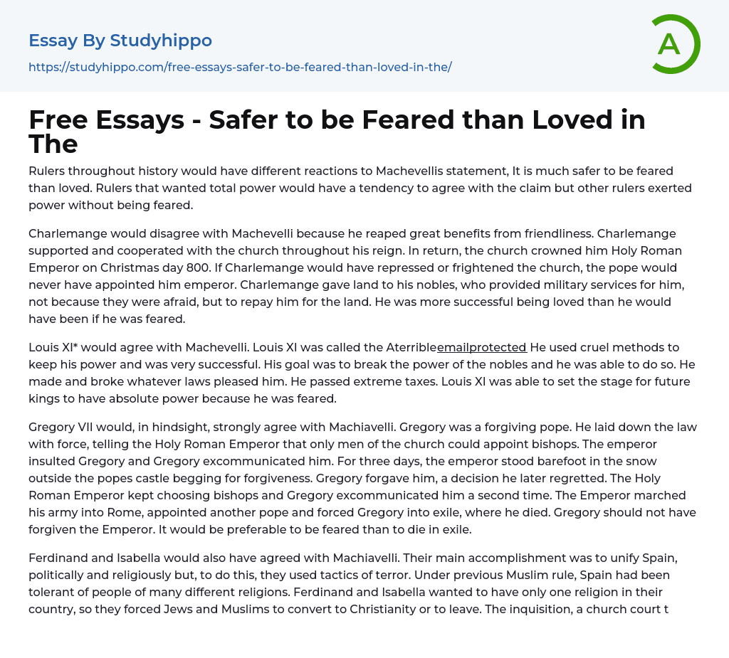 Free Essays – Safer to be Feared than Loved in The