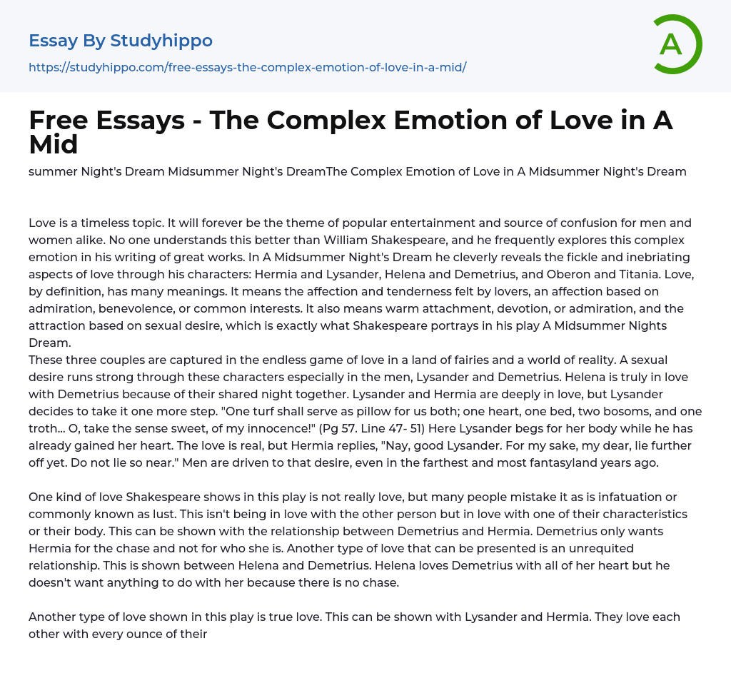 Free Essays – The Complex Emotion of Love in A Mid