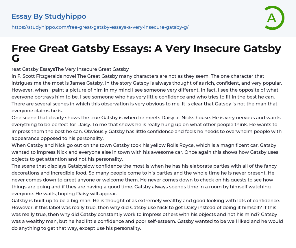 Free Great Gatsby Essays: A Very Insecure Gatsby G