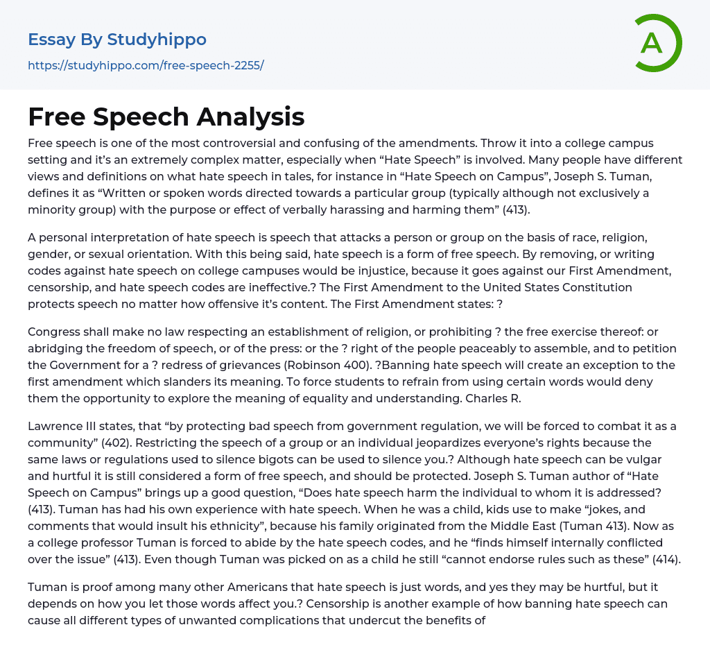 Free Speech Analysis Essay Example