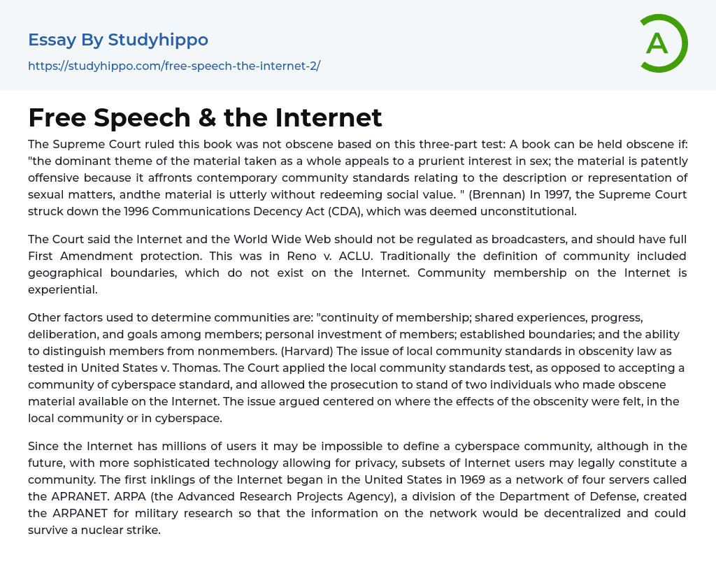 Free Speech & the Internet Essay Example