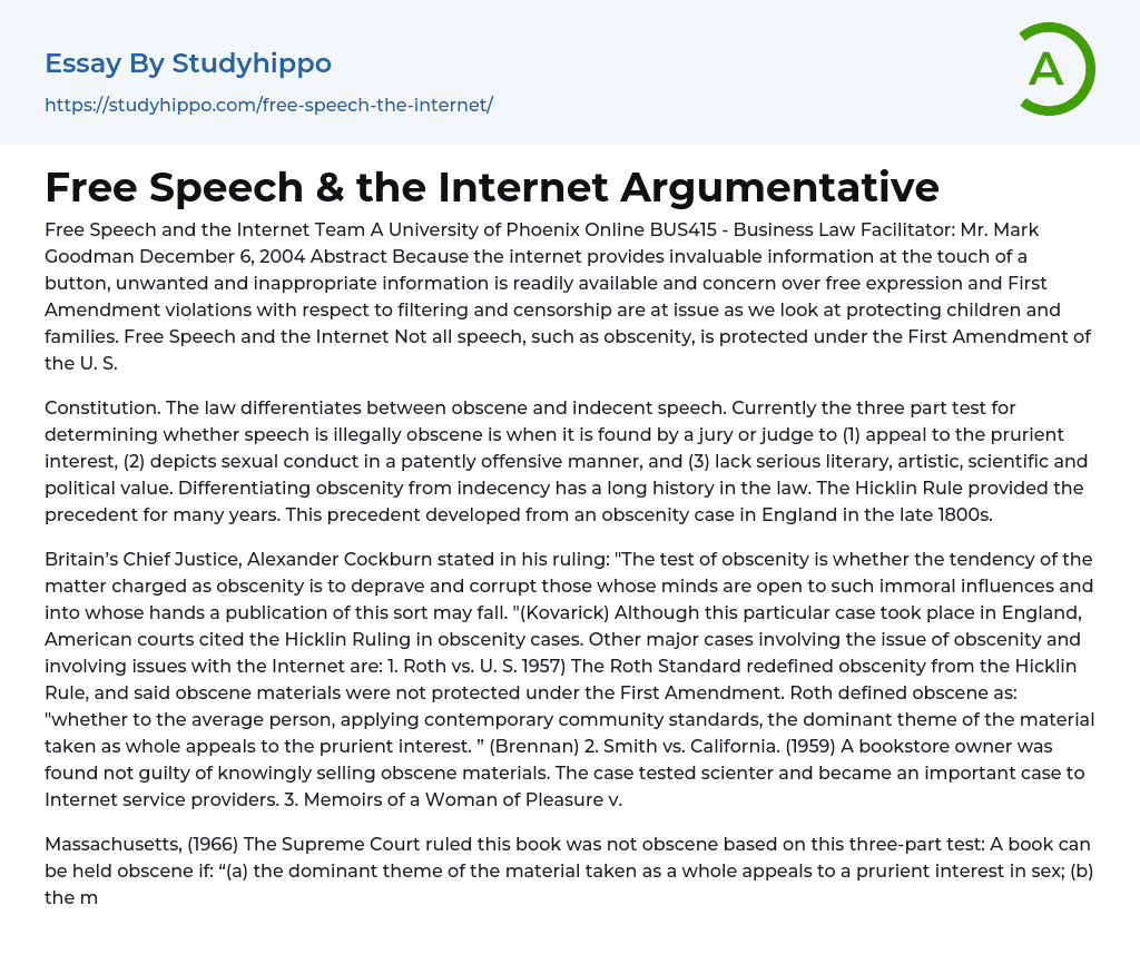 Free Speech & the Internet Argumentative Essay Example