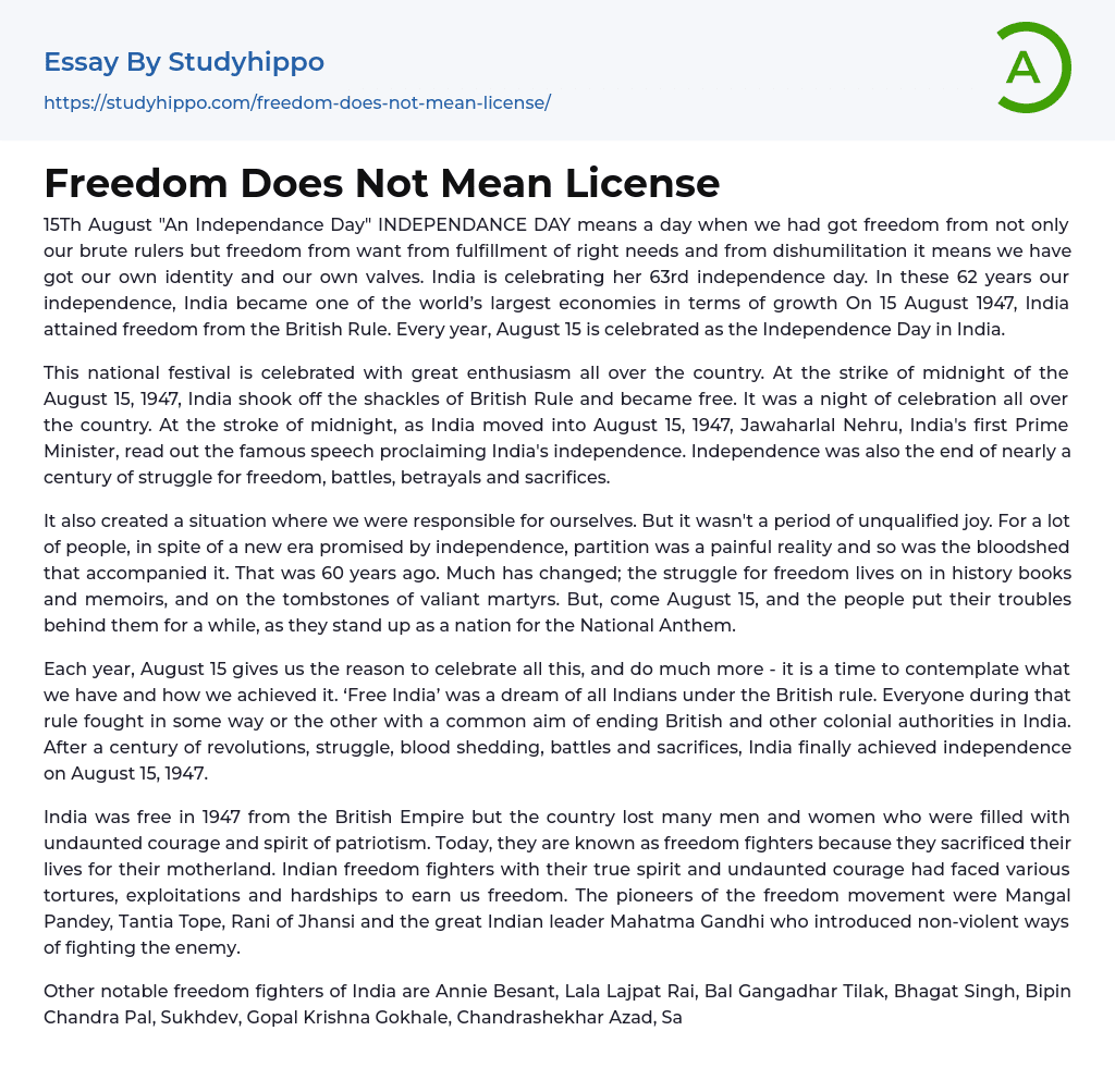 Freedom Does Not Mean License Essay Example