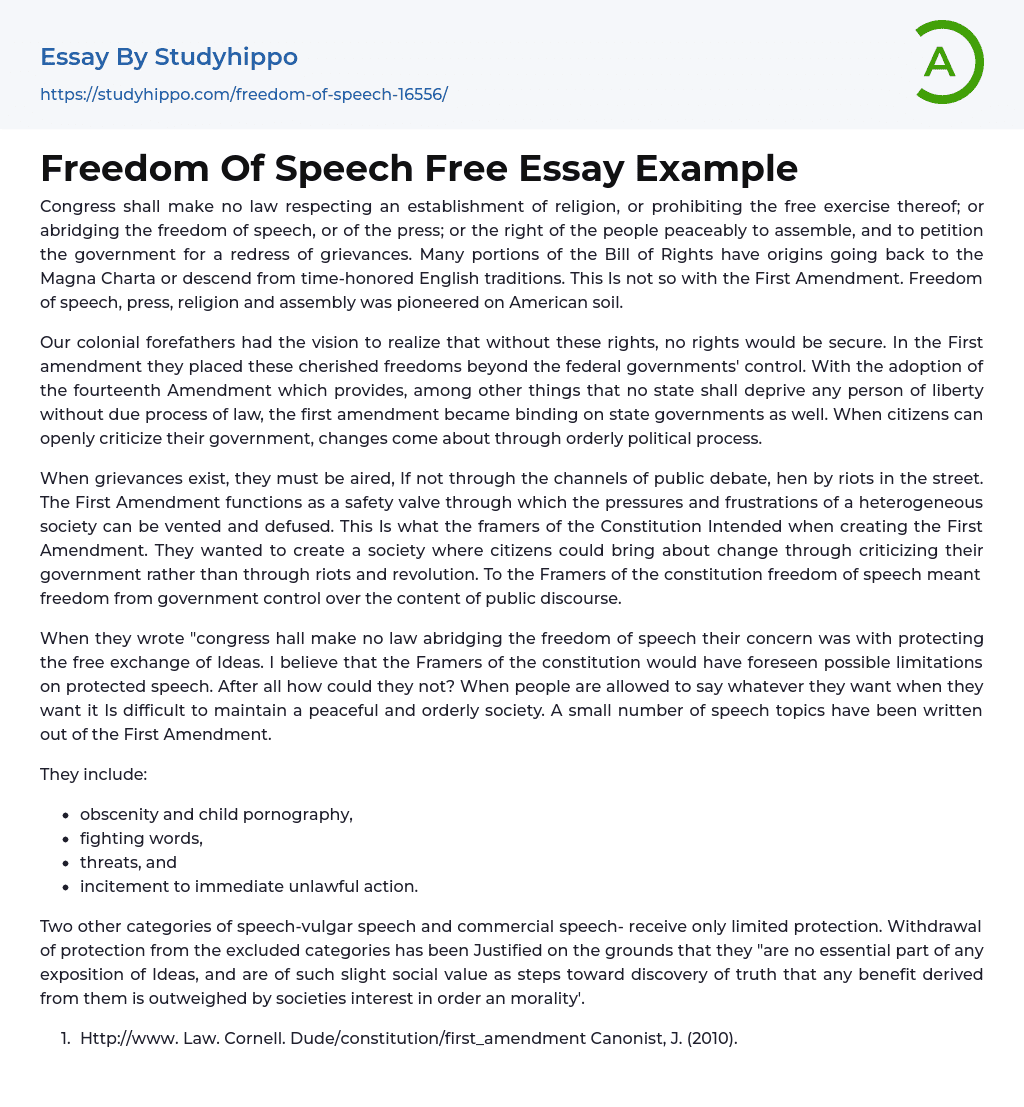 Freedom Of Speech Free Essay Example