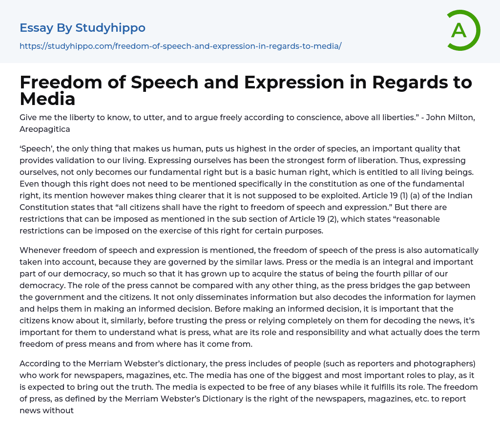 Freedom of Speech and Expression in Regards to Media Essay Example