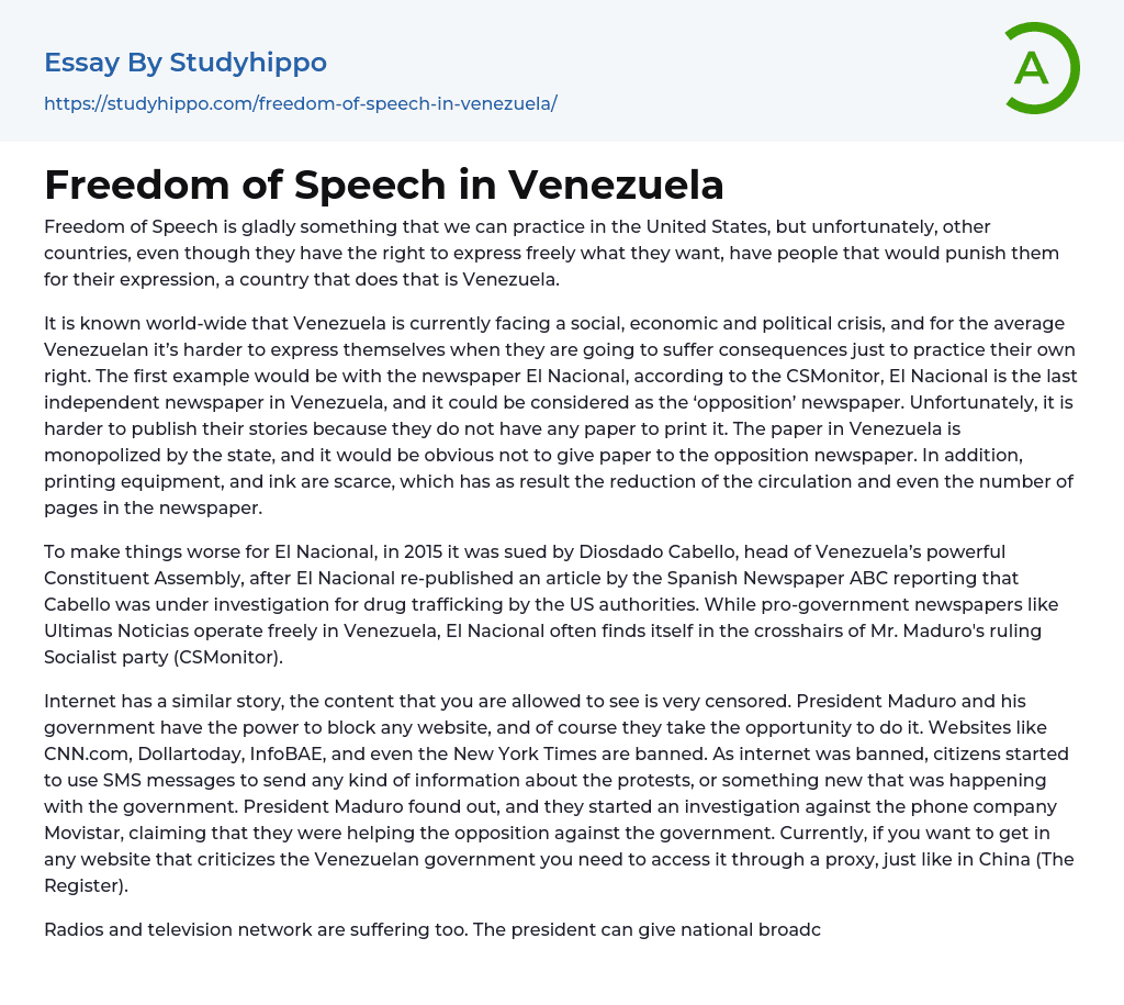 Freedom of Speech in Venezuela Essay Example