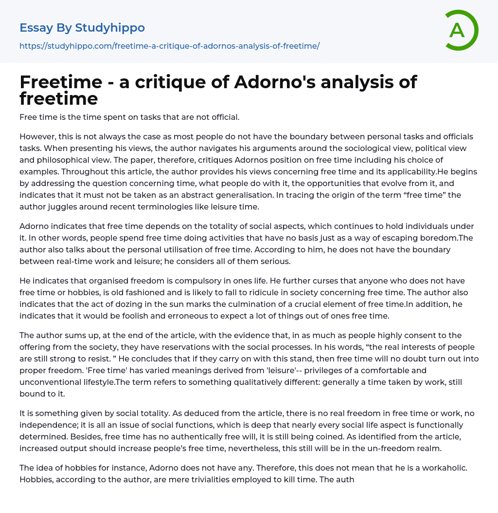 Freetime – a critique of Adorno’s analysis of freetime Essay Example