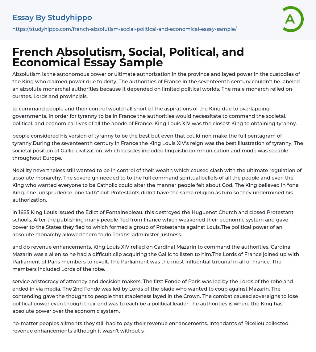 French Absolutism, Social, Political, and Economical Essay Sample