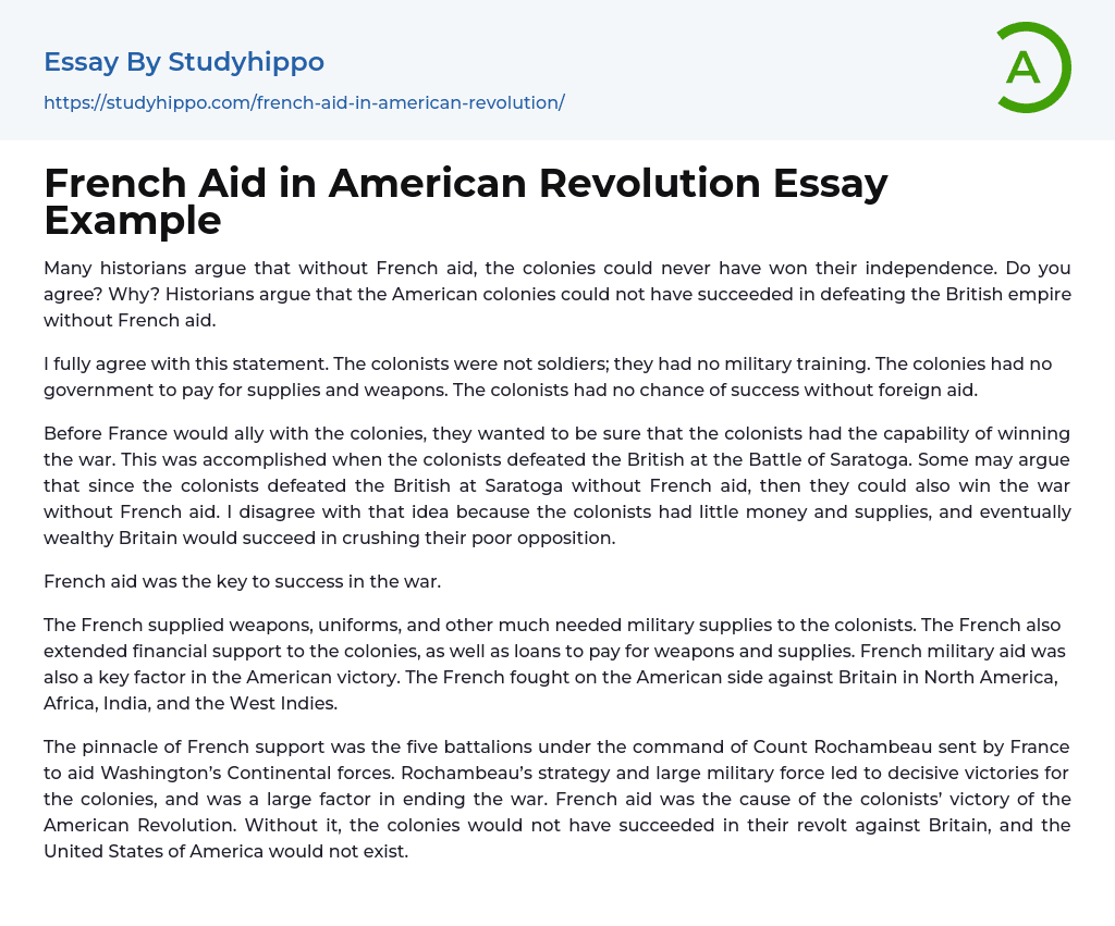 French Aid in American Revolution Essay Example