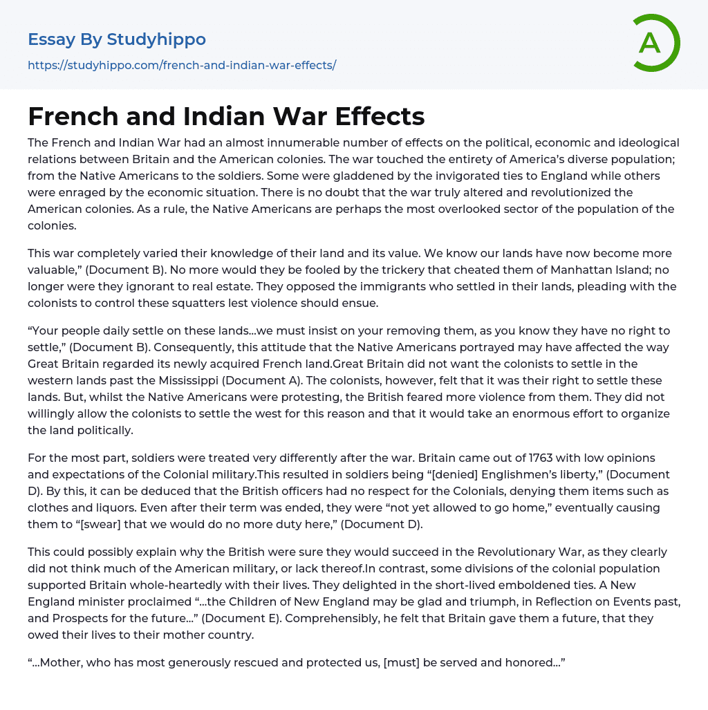 French and Indian War Effects Essay Example