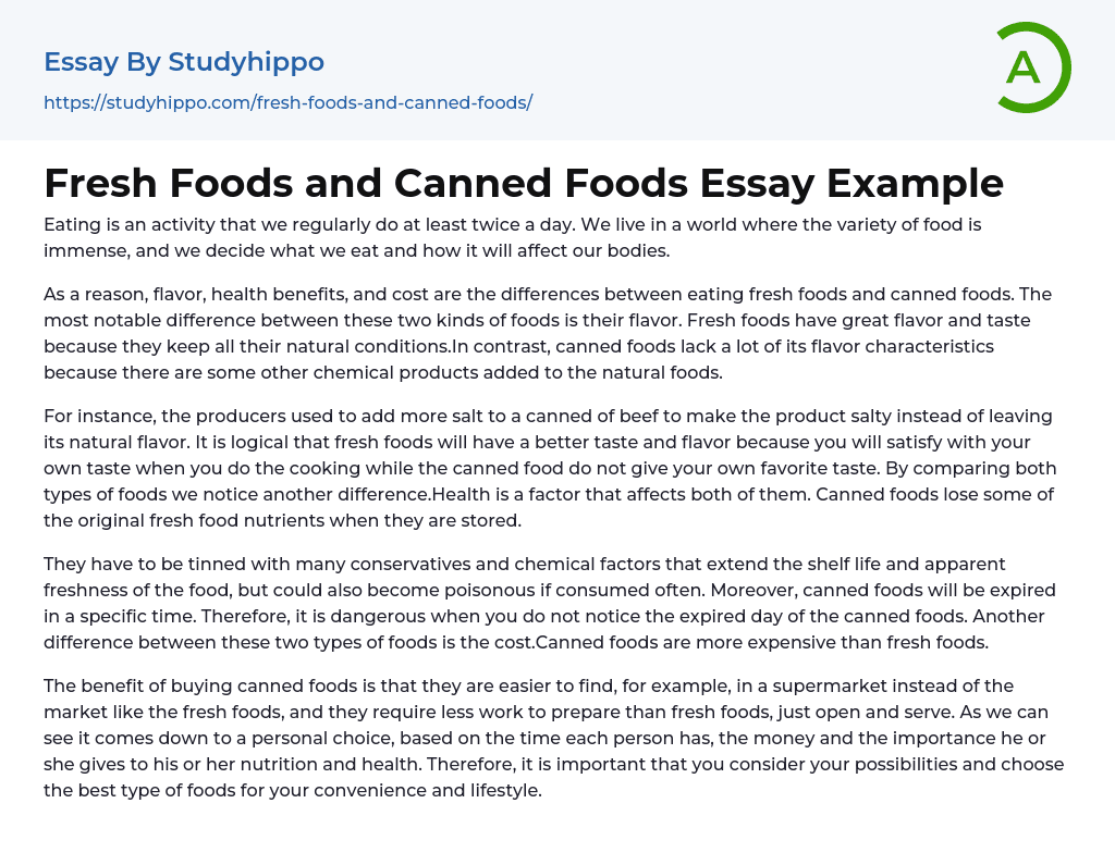 Fresh Foods and Canned Foods Essay Example | StudyHippo.com