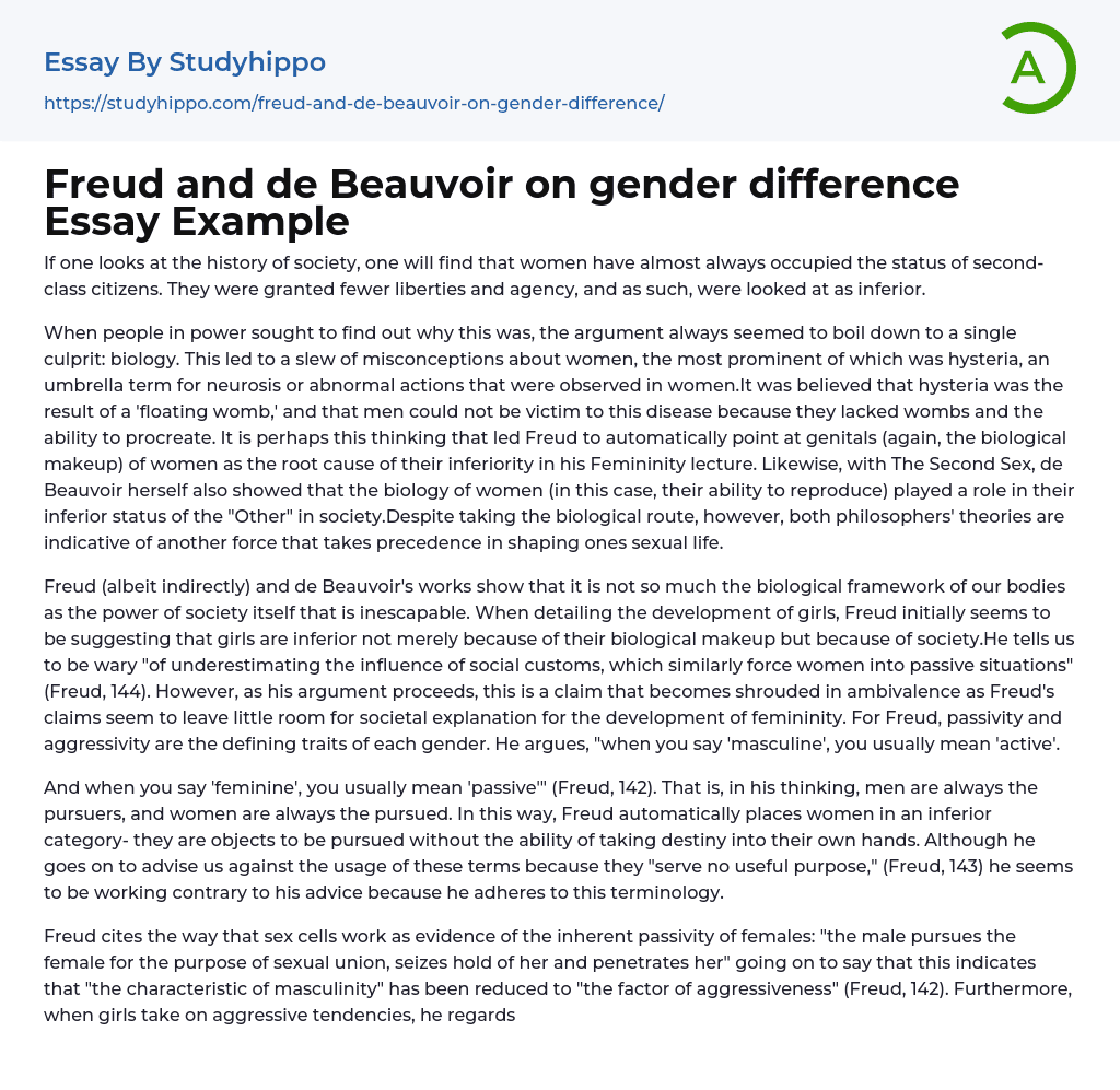 Freud and de Beauvoir on gender difference Essay Example