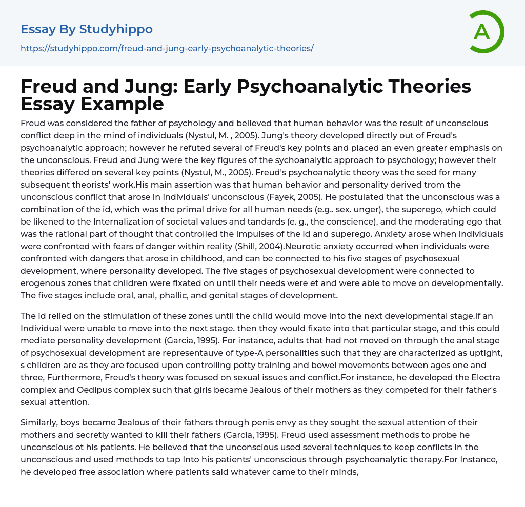Freud and Jung: Early Psychoanalytic Theories Essay Example