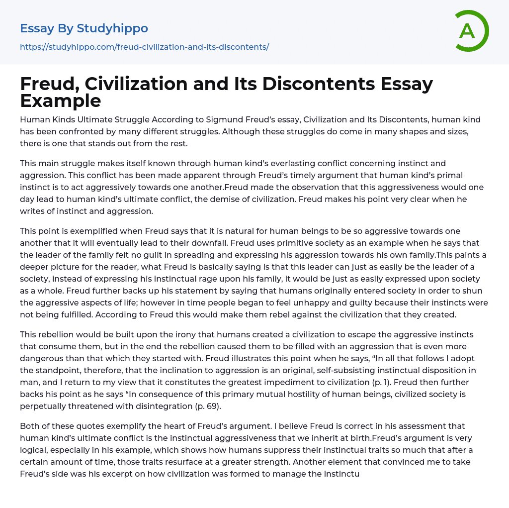 Freud, Civilization and Its Discontents Essay Example