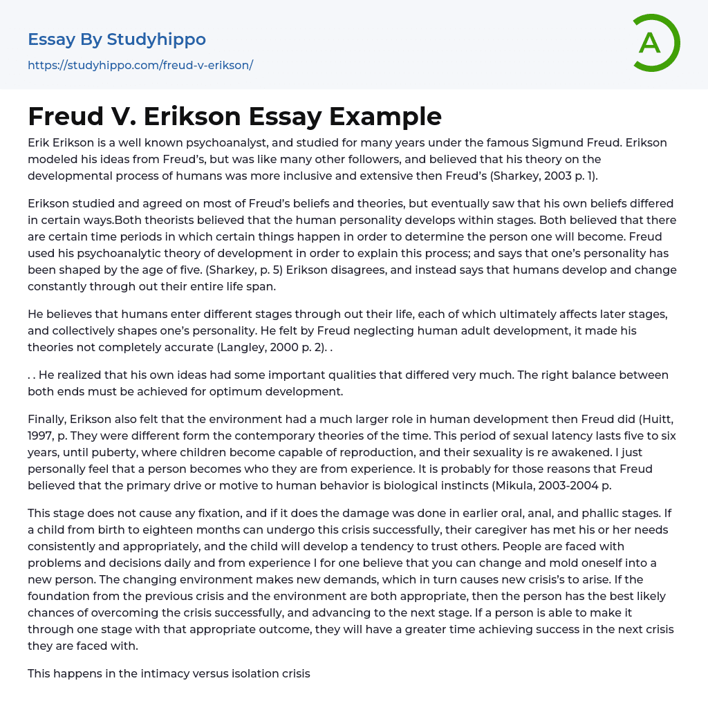 Freud V. Erikson Essay Example