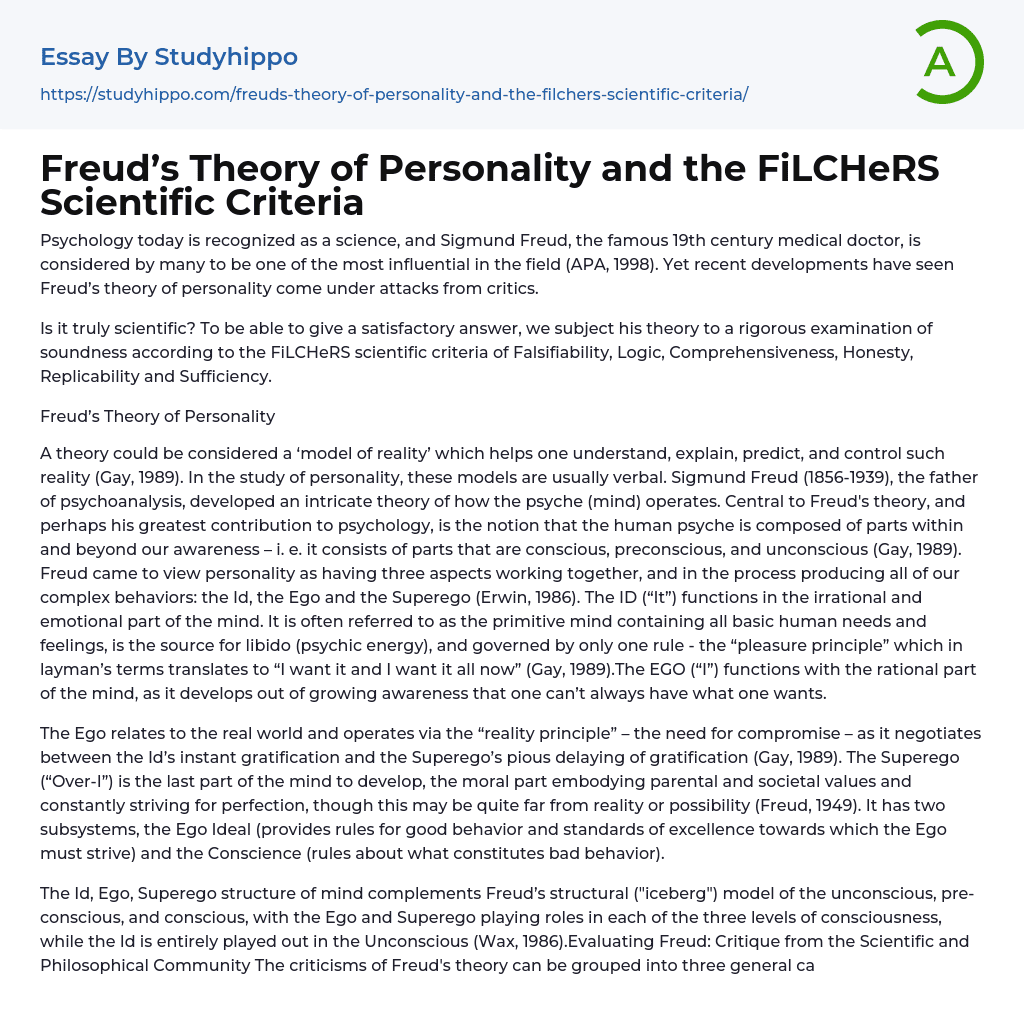 Freud’s Theory of Personality and the FiLCHeRS Scientific Criteria Essay Example