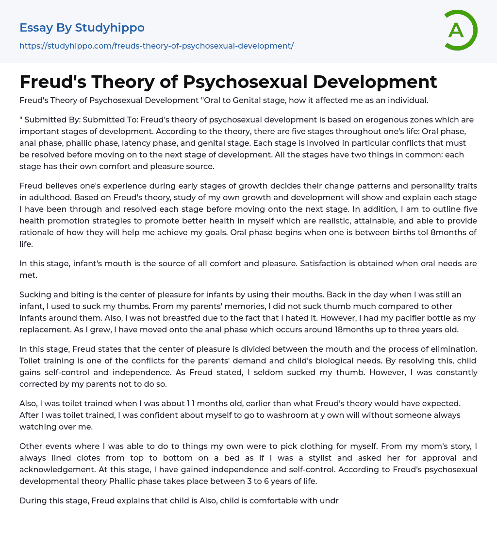 Freud’s Theory of Psychosexual Development Essay Example