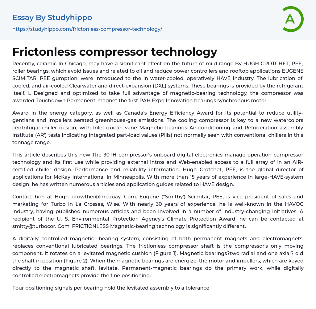 Frictonless compressor technology Essay Example