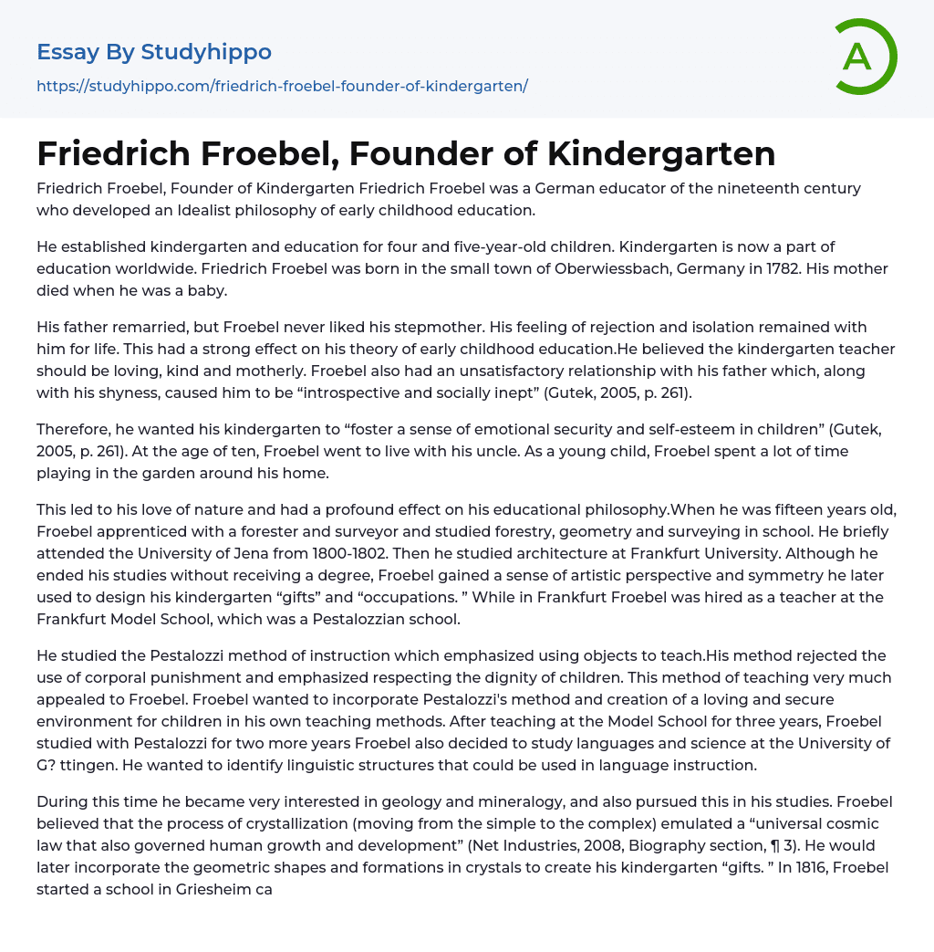 Friedrich Froebel, Founder of Kindergarten Essay Example