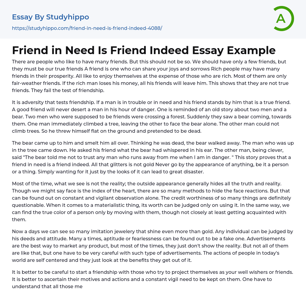 Friend in Need Is Friend Indeed Essay Example