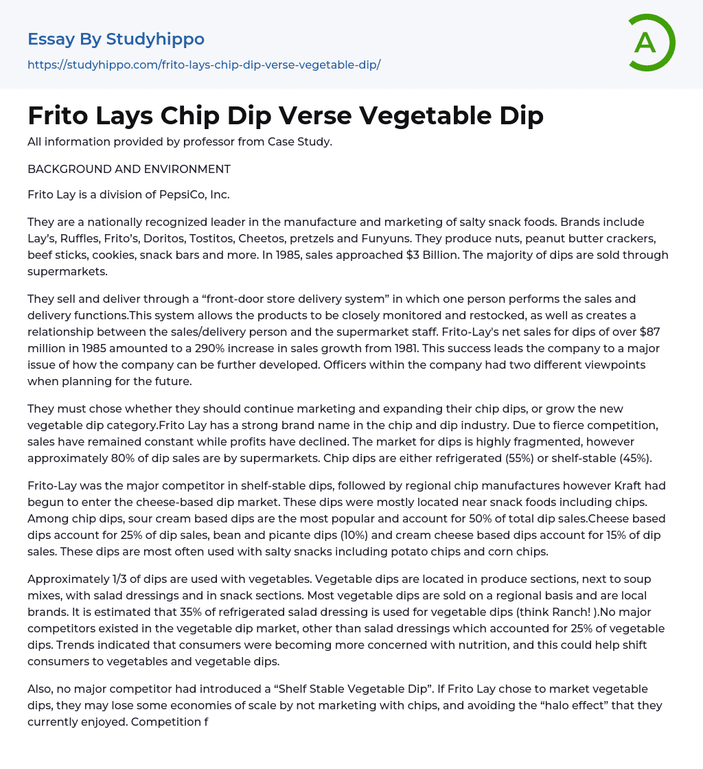 Frito Lays Chip Dip Verse Vegetable Dip Essay Example