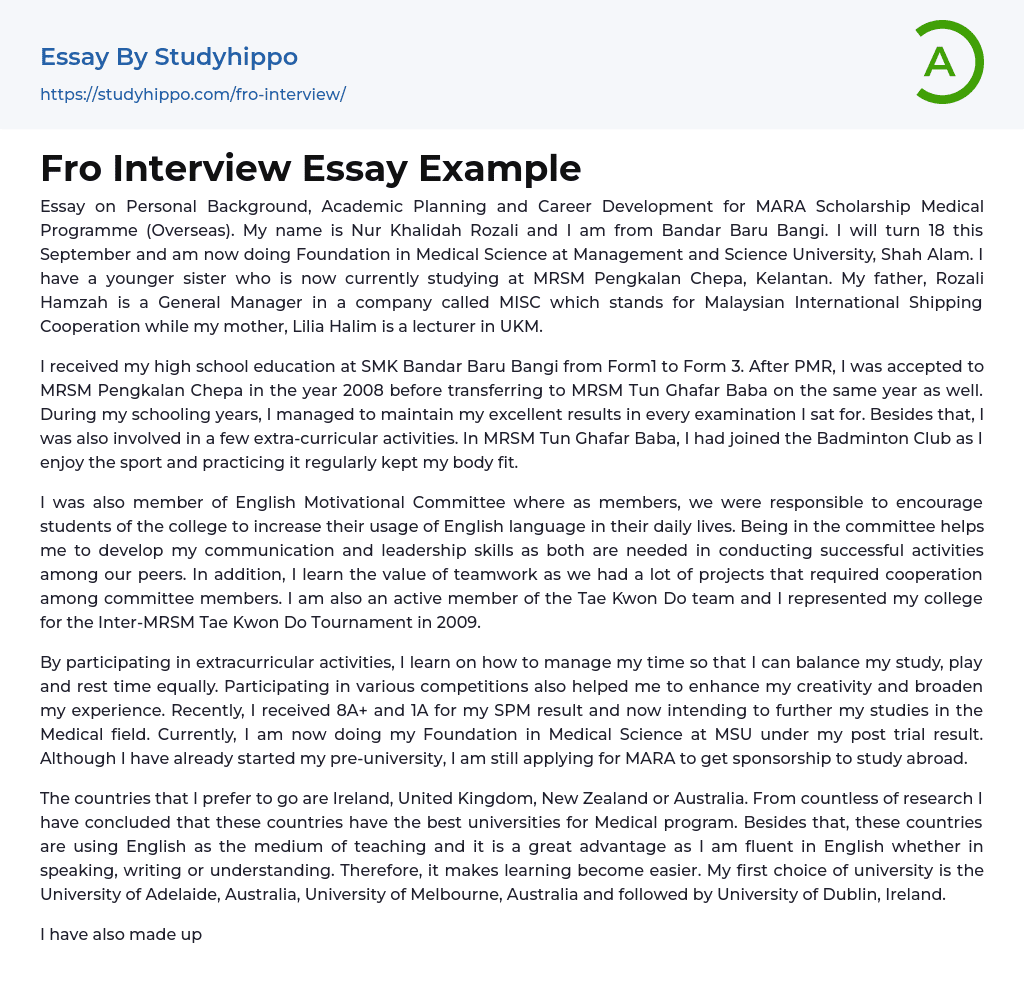 Fro Interview Essay Example